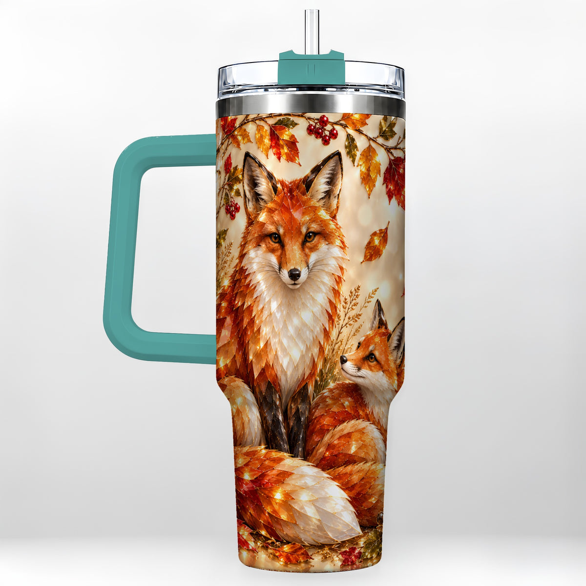 #pl[40oz|Green] Faceted Fox 40oz Tumbler with Handle, Autumn Woodland Travel Cup