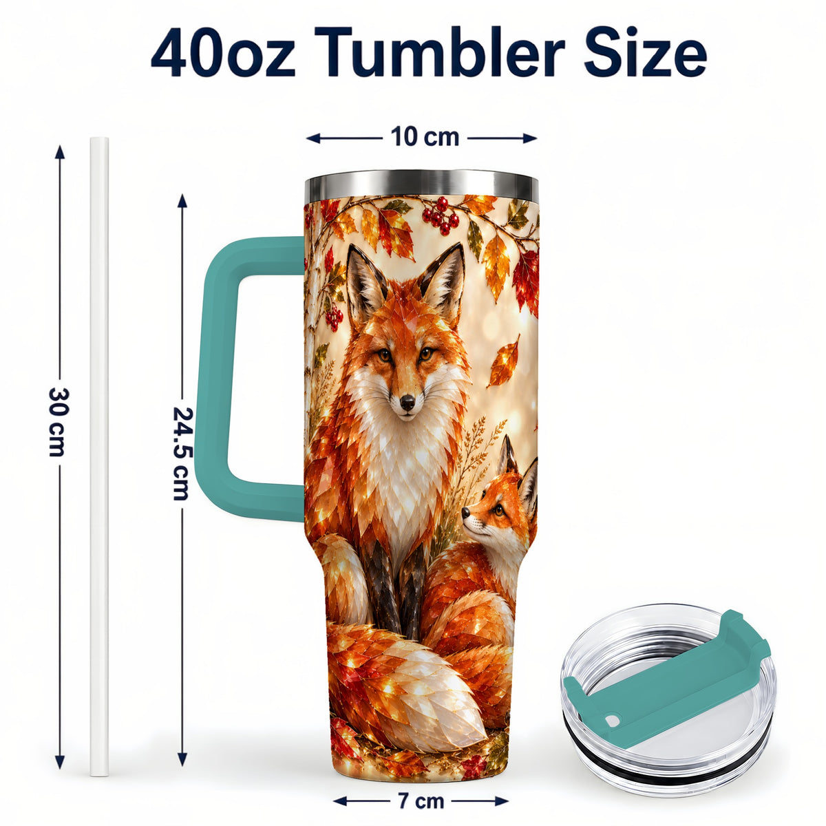 #pl[40oz|Green] Faceted Fox 40oz Tumbler with Handle, Autumn Woodland Travel Cup