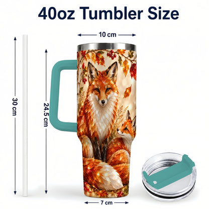 #pl[40oz|Green] Faceted Fox 40oz Tumbler with Handle, Autumn Woodland Travel Cup