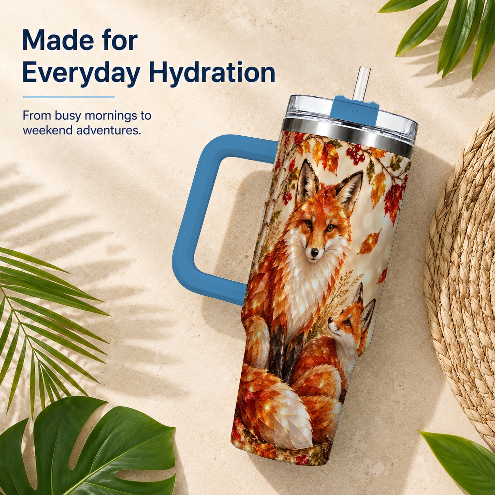 #pl[40oz|Blue] Faceted Fox 40oz Tumbler with Handle, Autumn Woodland Travel Cup