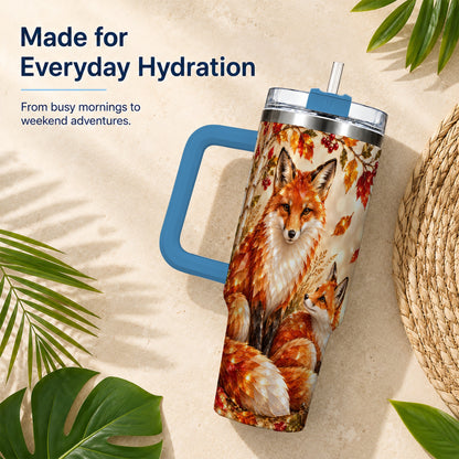 #pl[40oz|Blue] Faceted Fox 40oz Tumbler with Handle, Autumn Woodland Travel Cup