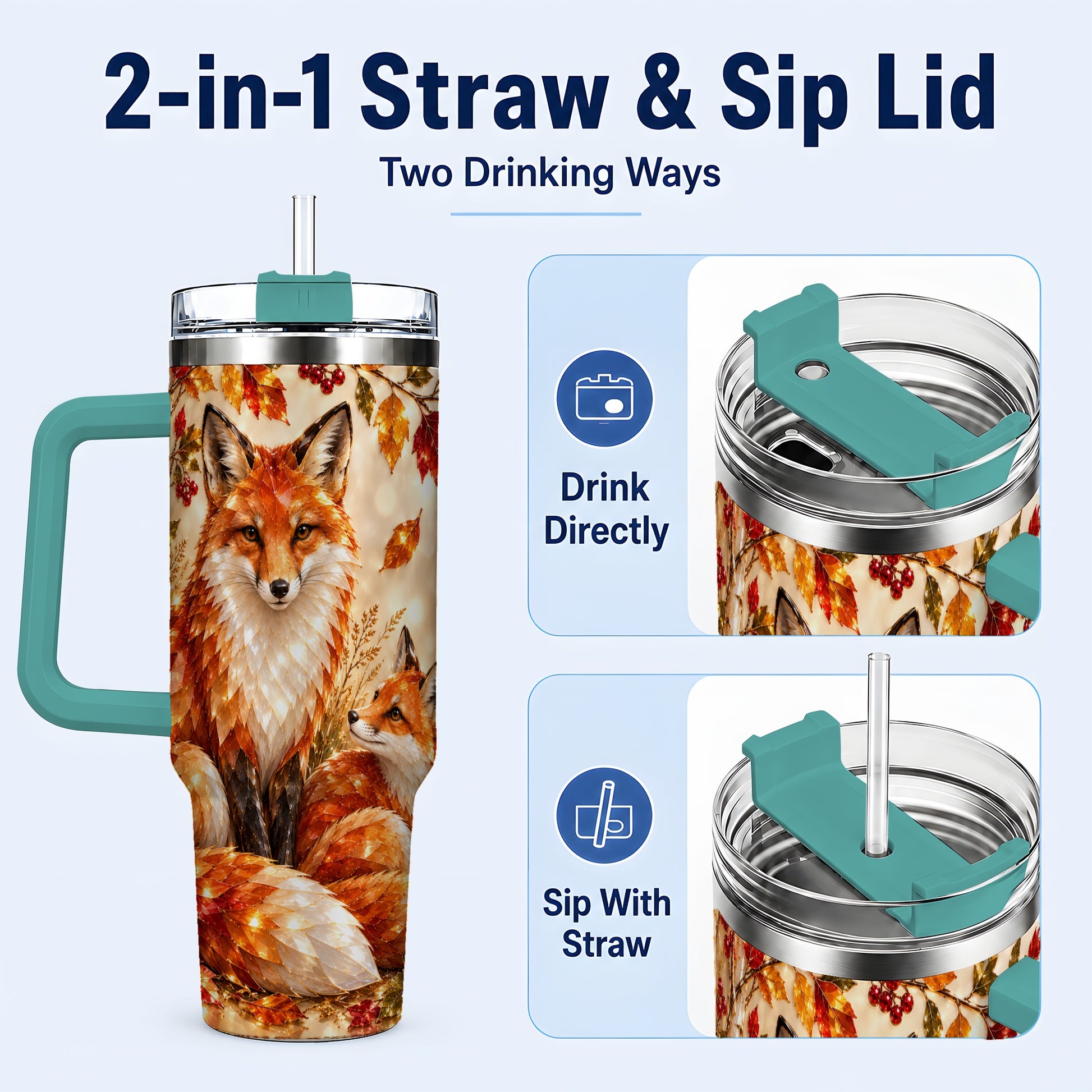 #pl[40oz|Green] Faceted Fox 40oz Tumbler with Handle, Autumn Woodland Travel Cup