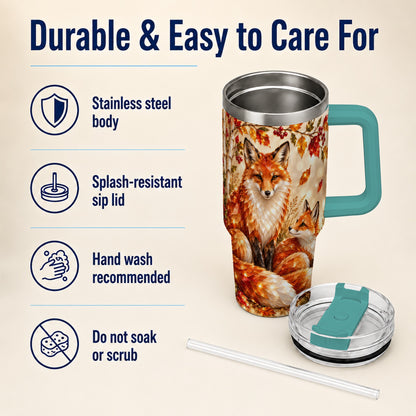 #pl[40oz|Green] Faceted Fox 40oz Tumbler with Handle, Autumn Woodland Travel Cup
