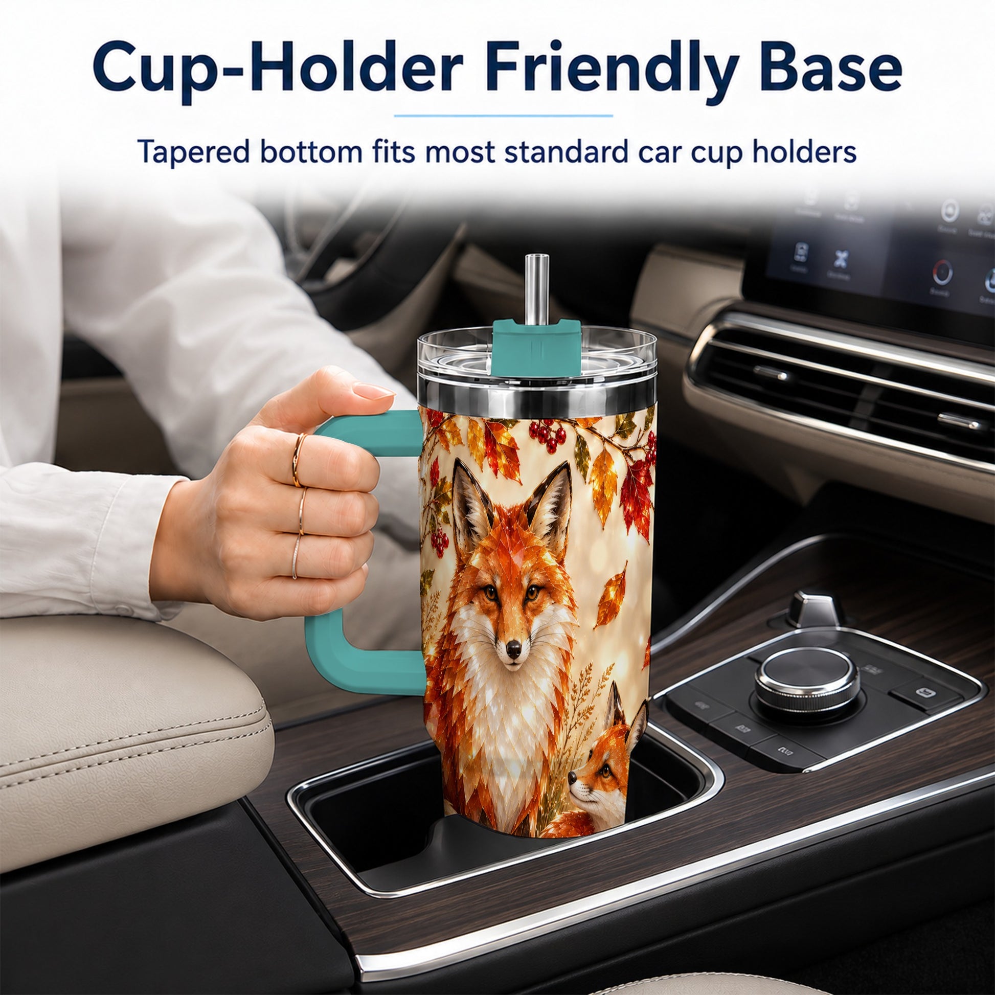 #pl[40oz|Green] Faceted Fox 40oz Tumbler with Handle, Autumn Woodland Travel Cup