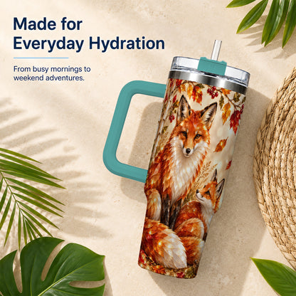 #pl[40oz|Green] Faceted Fox 40oz Tumbler with Handle, Autumn Woodland Travel Cup