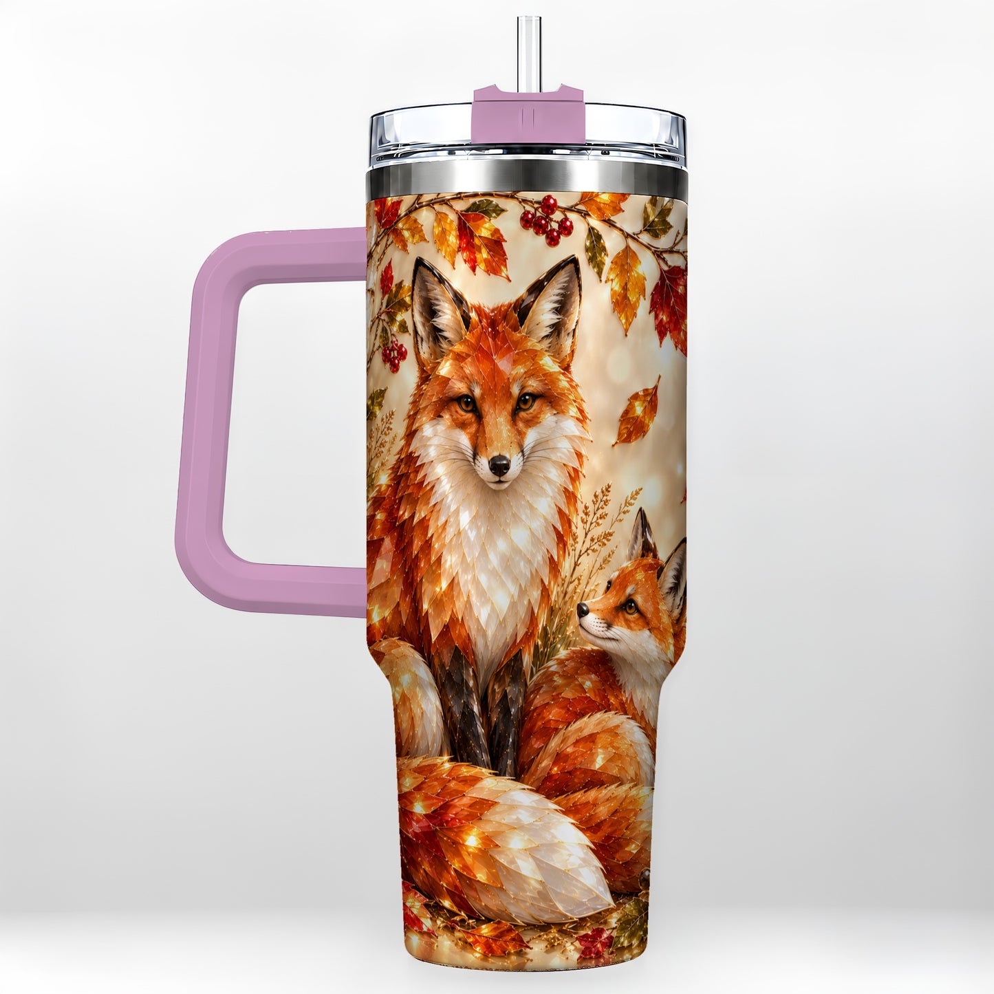 #pl[40oz|Pink] Faceted Fox 40oz Tumbler with Handle, Autumn Woodland Travel Cup