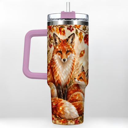 #pl[40oz|Pink] Faceted Fox 40oz Tumbler with Handle, Autumn Woodland Travel Cup