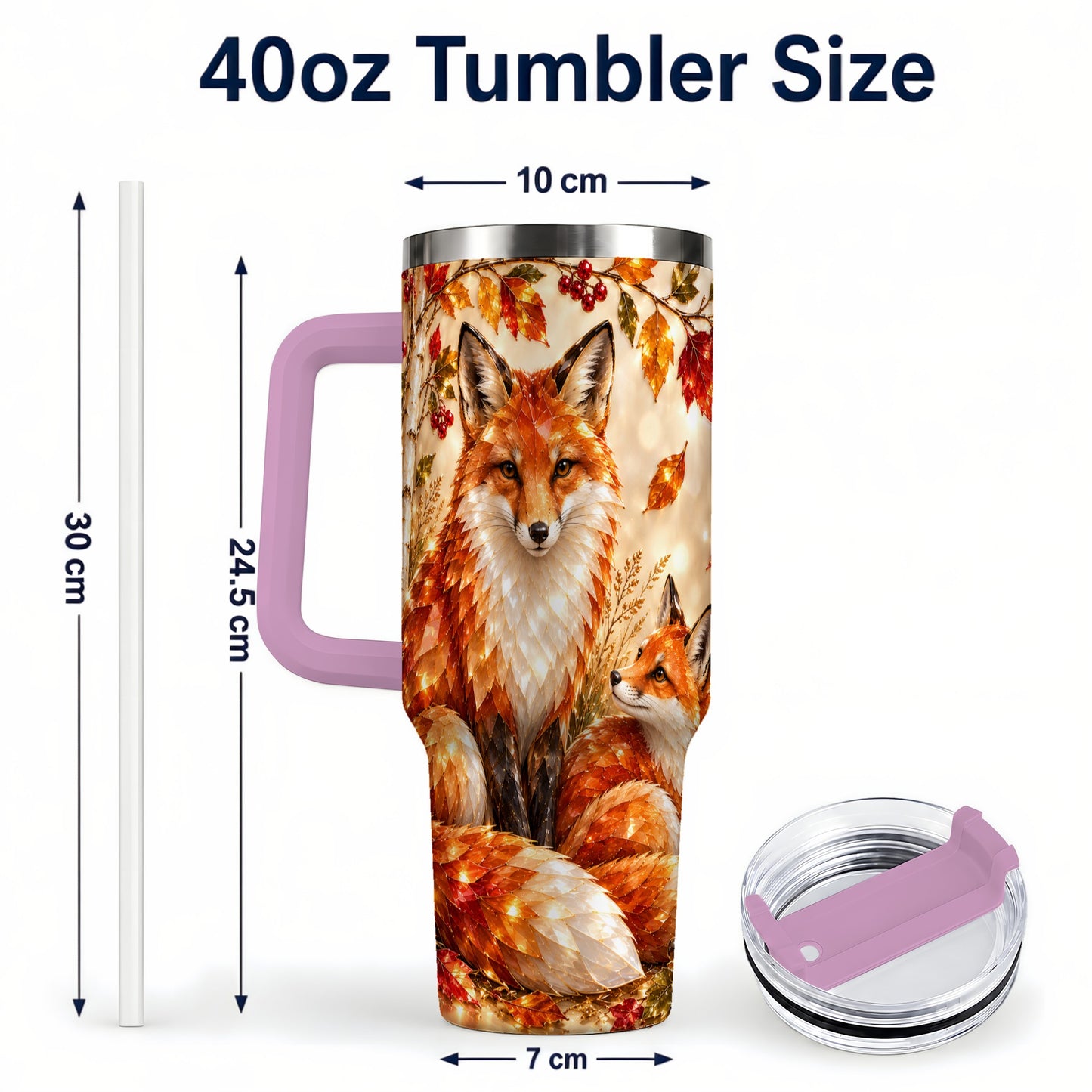 #pl[40oz|Pink] Faceted Fox 40oz Tumbler with Handle, Autumn Woodland Travel Cup