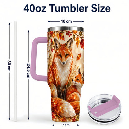 #pl[40oz|Pink] Faceted Fox 40oz Tumbler with Handle, Autumn Woodland Travel Cup