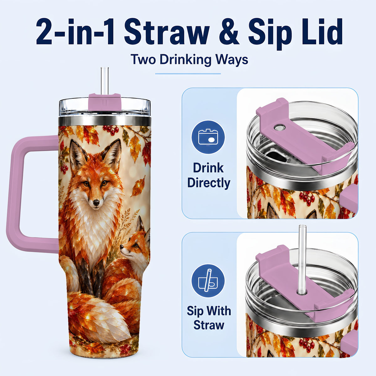 #pl[40oz|Pink] Faceted Fox 40oz Tumbler with Handle, Autumn Woodland Travel Cup