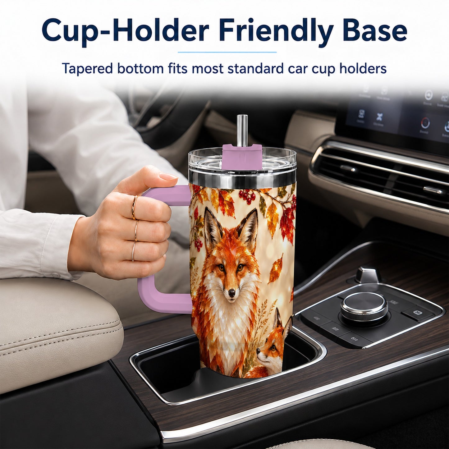 #pl[40oz|Pink] Faceted Fox 40oz Tumbler with Handle, Autumn Woodland Travel Cup