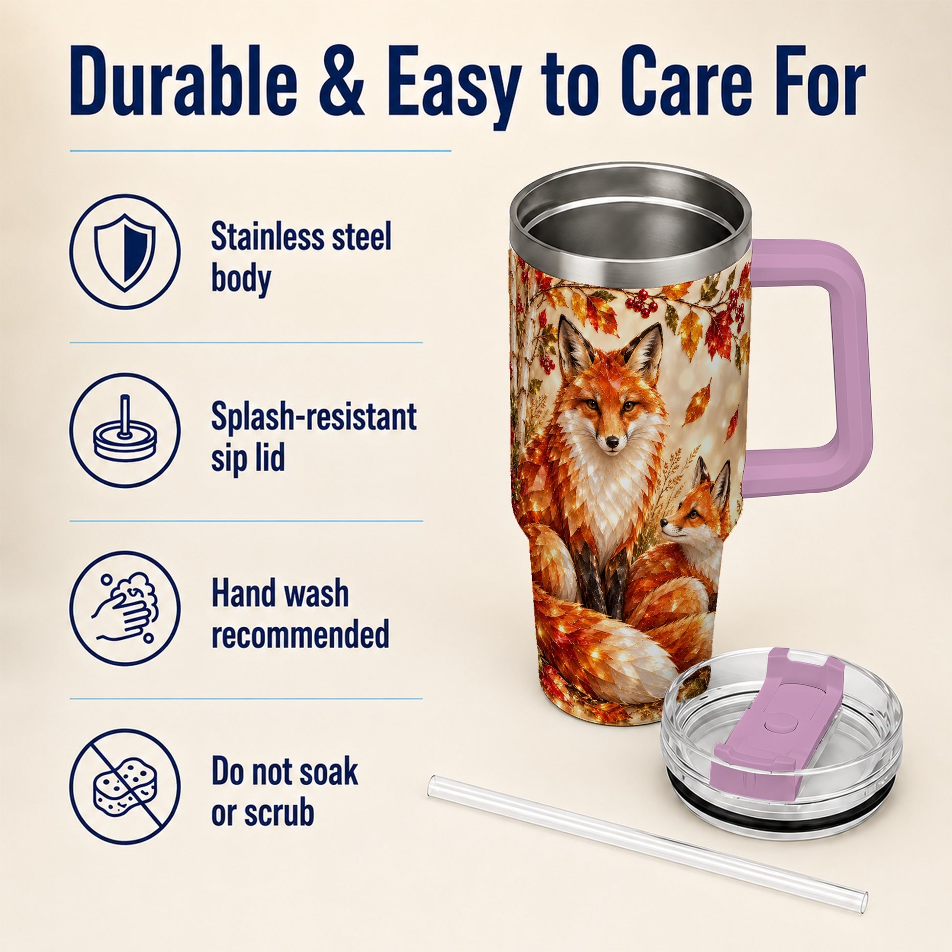 #pl[40oz|Pink] Faceted Fox 40oz Tumbler with Handle, Autumn Woodland Travel Cup