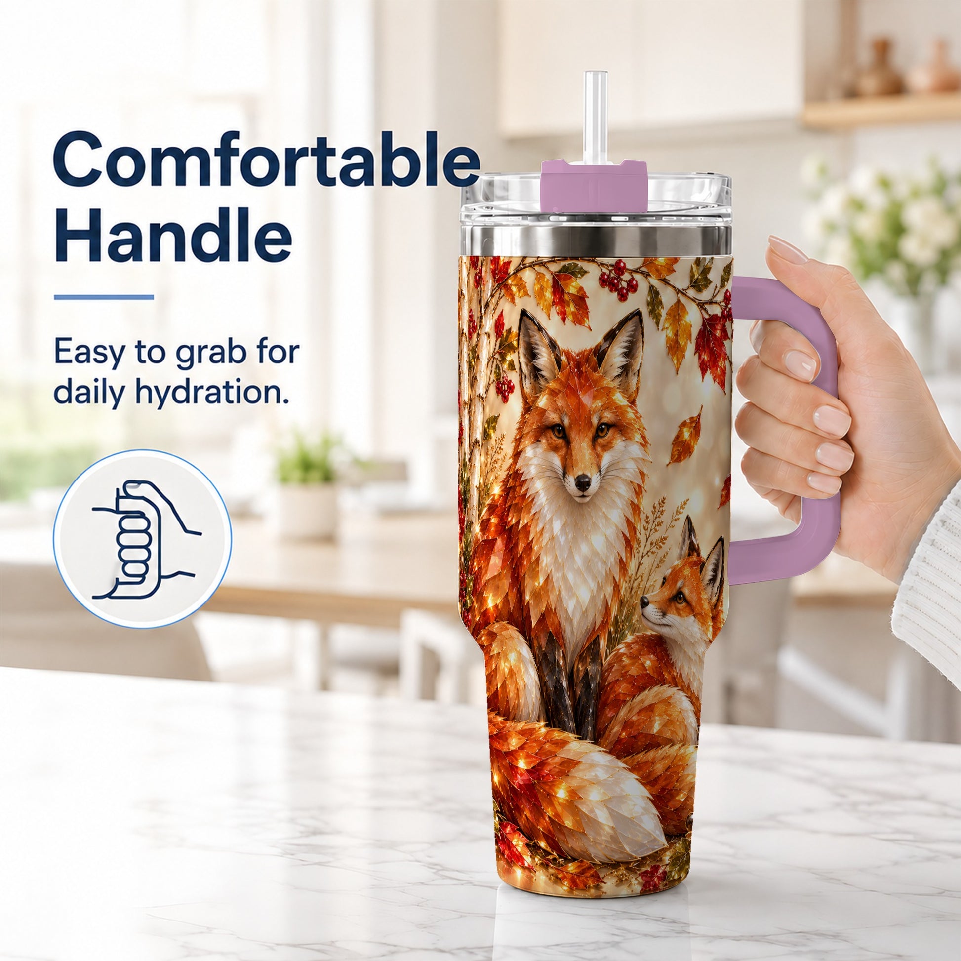 #pl[40oz|Pink] Faceted Fox 40oz Tumbler with Handle, Autumn Woodland Travel Cup