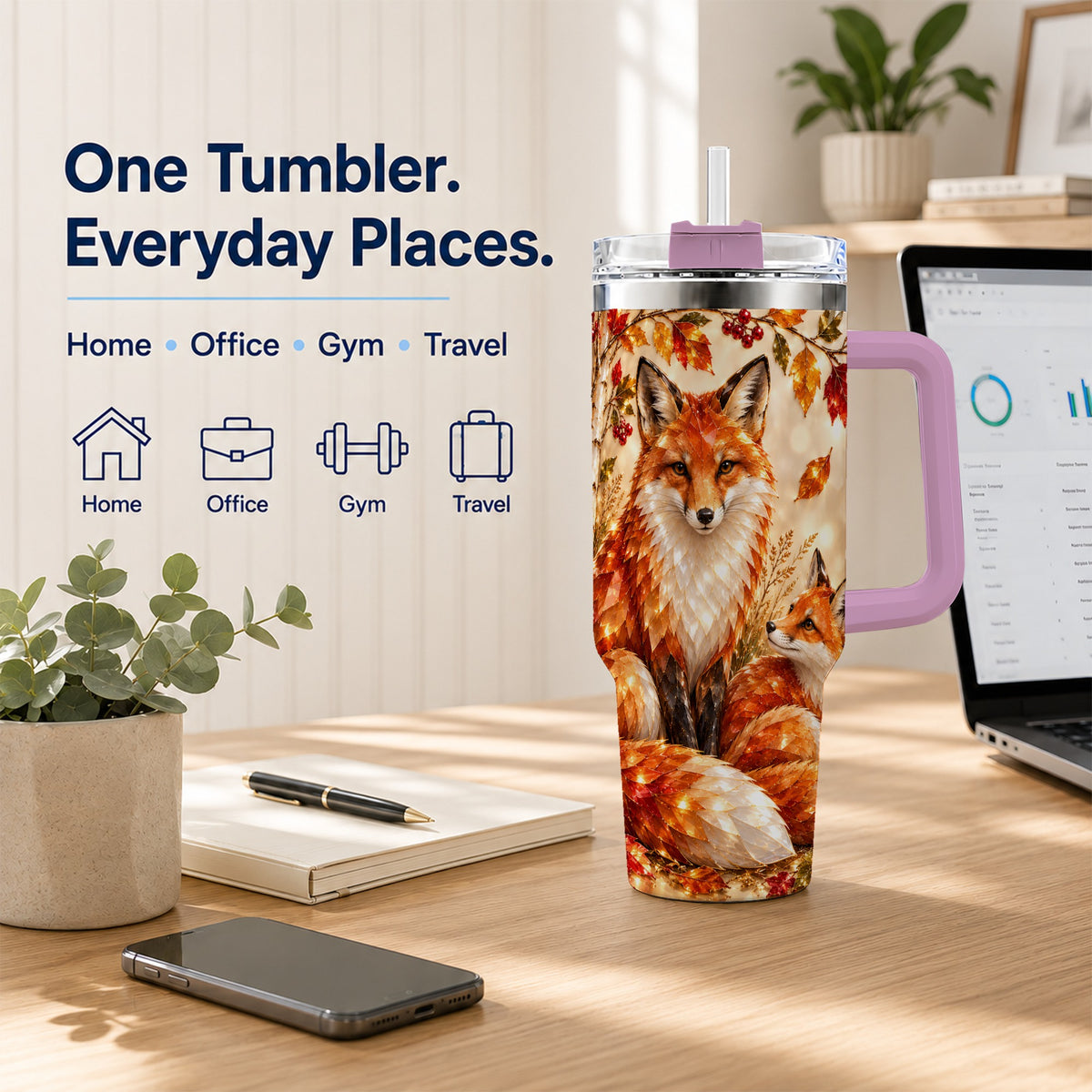 #pl[40oz|Pink] Faceted Fox 40oz Tumbler with Handle, Autumn Woodland Travel Cup