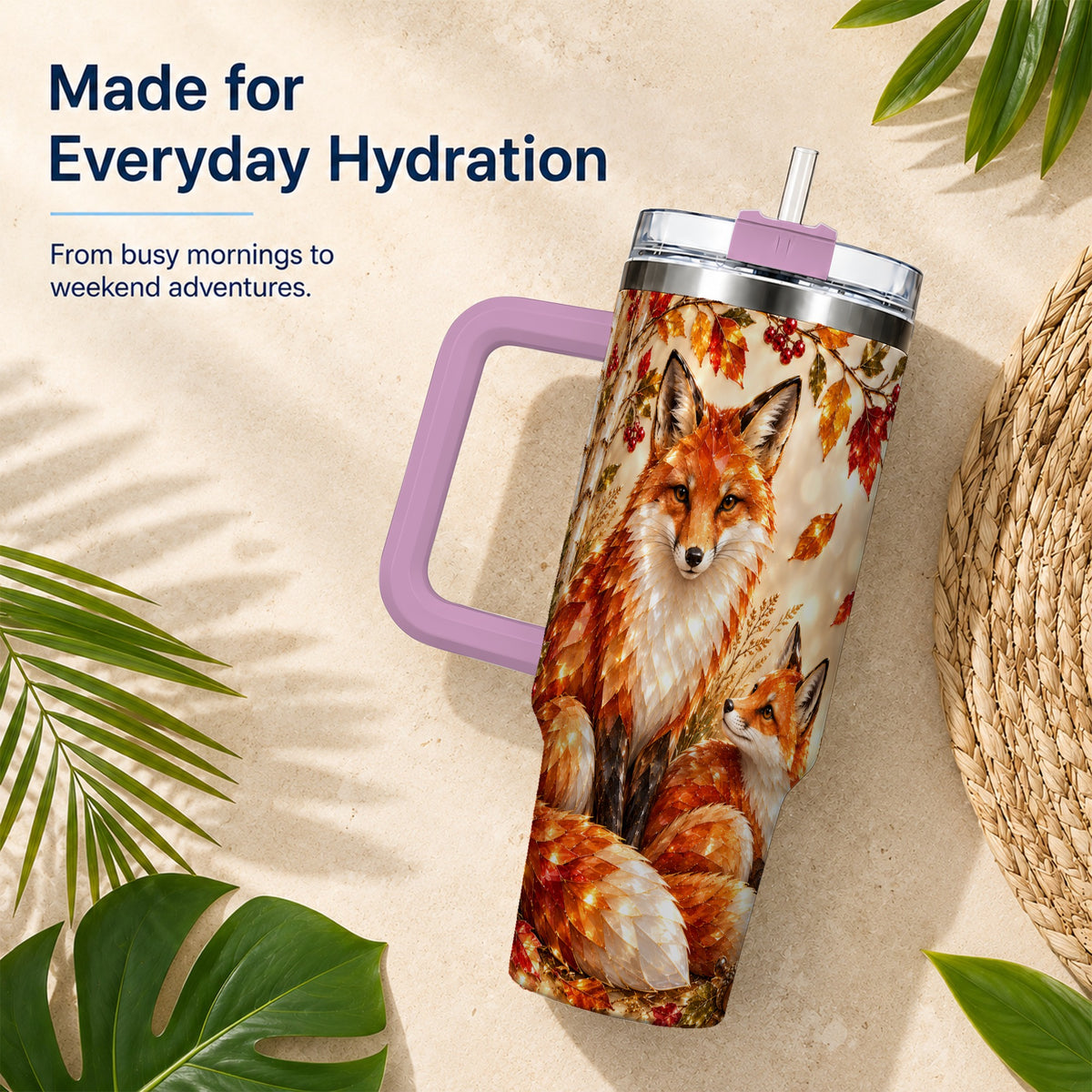#pl[40oz|Pink] Faceted Fox 40oz Tumbler with Handle, Autumn Woodland Travel Cup