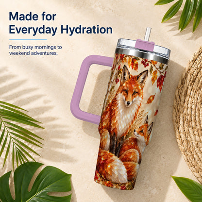 #pl[40oz|Pink] Faceted Fox 40oz Tumbler with Handle, Autumn Woodland Travel Cup