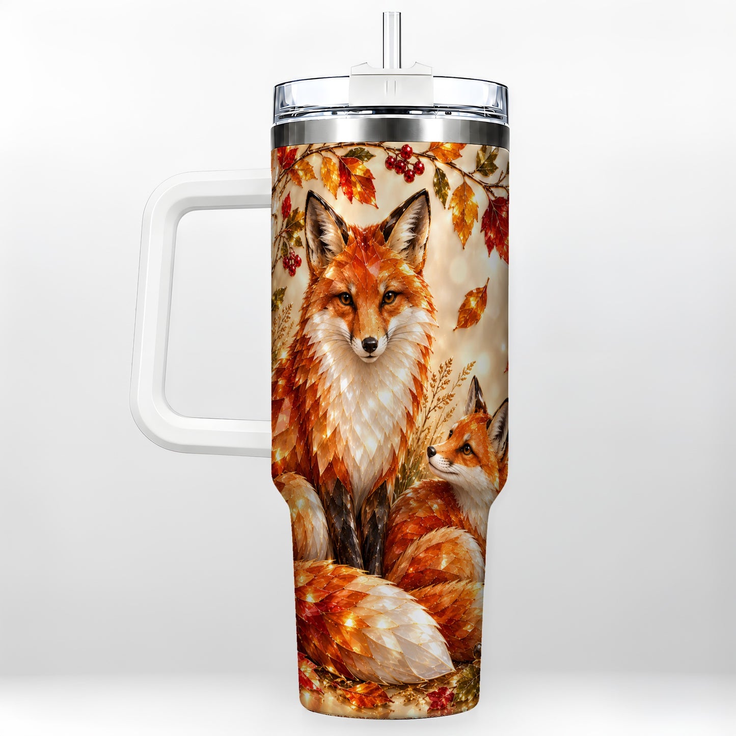 Faceted Fox 40oz Tumbler with Handle, Autumn Woodland Travel Cup