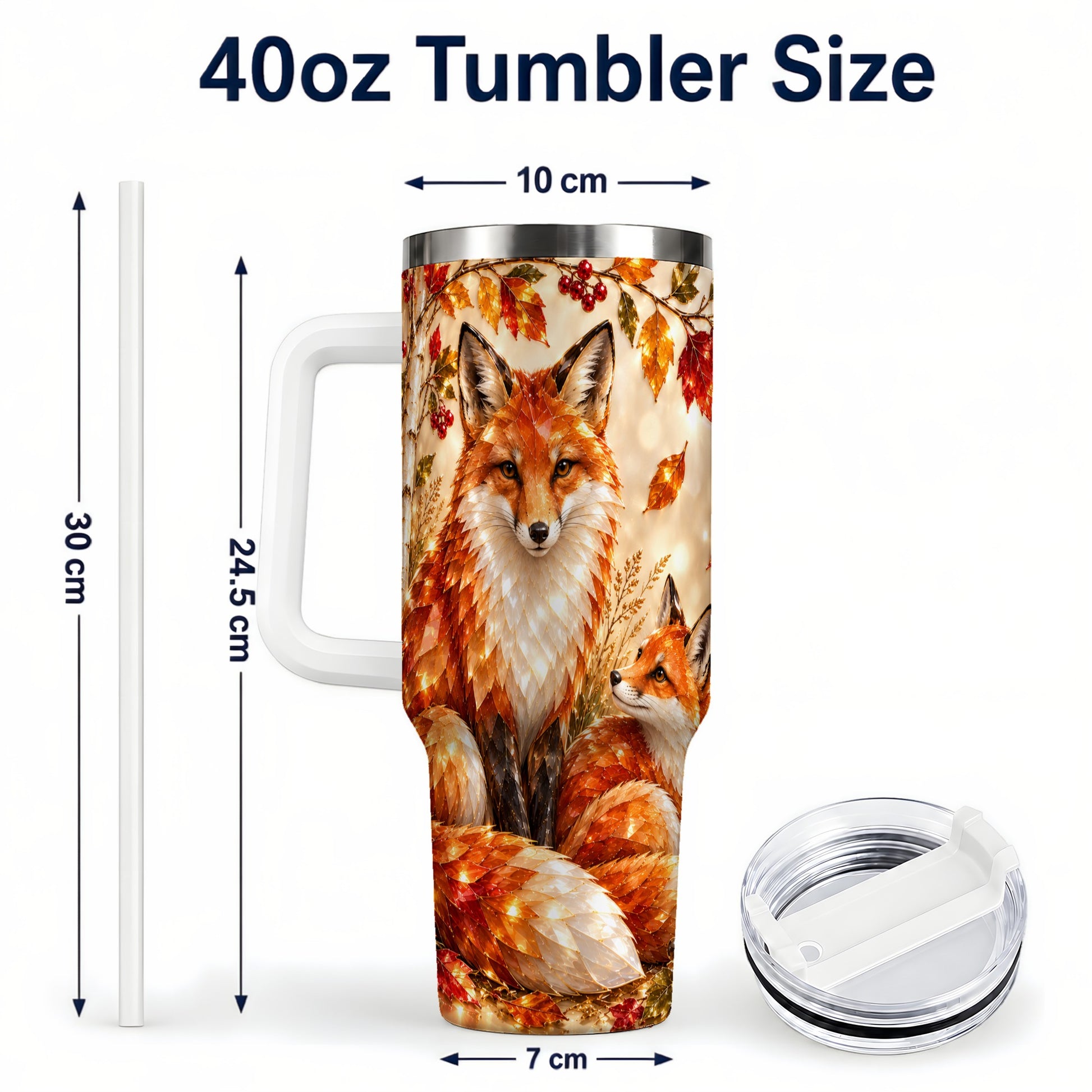 #pl[40oz|White] Faceted Fox 40oz Tumbler with Handle, Autumn Woodland Travel Cup