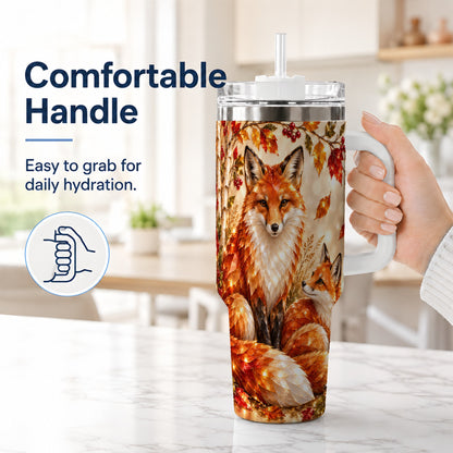 #pl[40oz|White] Faceted Fox 40oz Tumbler with Handle, Autumn Woodland Travel Cup