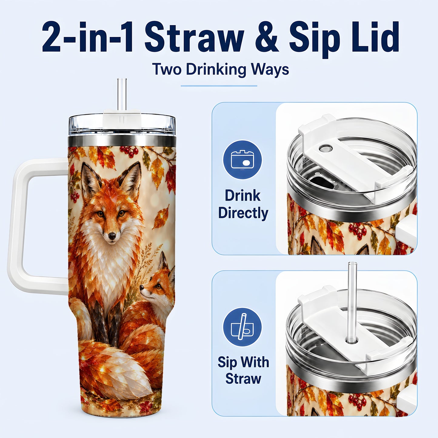 #pl[40oz|White] Faceted Fox 40oz Tumbler with Handle, Autumn Woodland Travel Cup