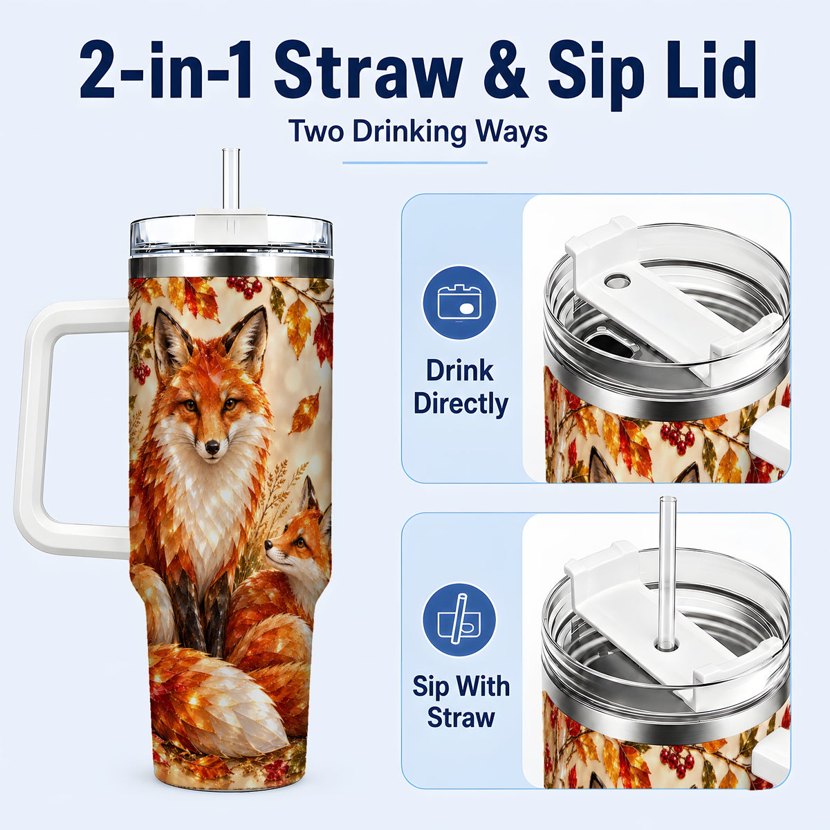 #pl[40oz|White] Faceted Fox 40oz Tumbler with Handle, Autumn Woodland Travel Cup