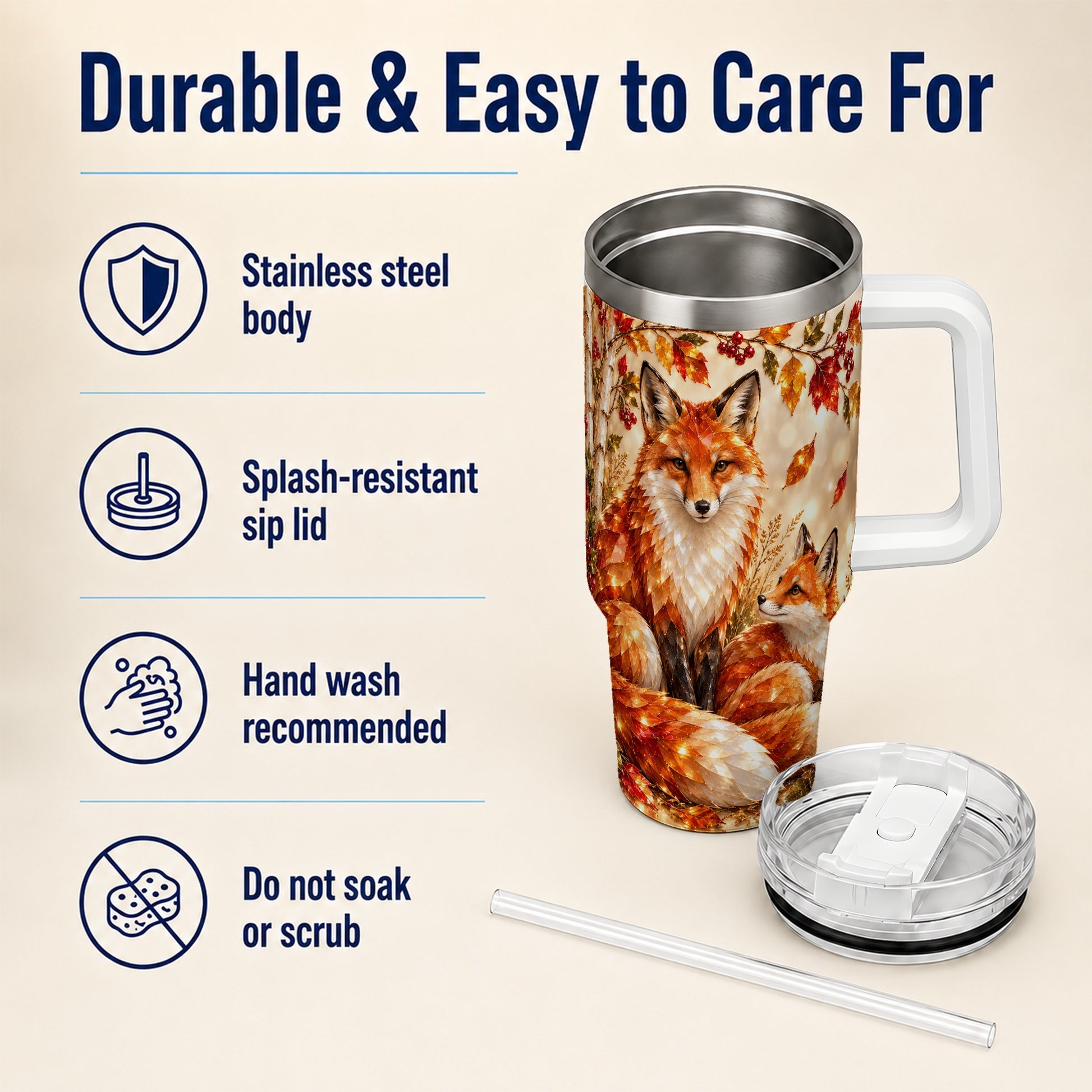 #pl[40oz|White] Faceted Fox 40oz Tumbler with Handle, Autumn Woodland Travel Cup