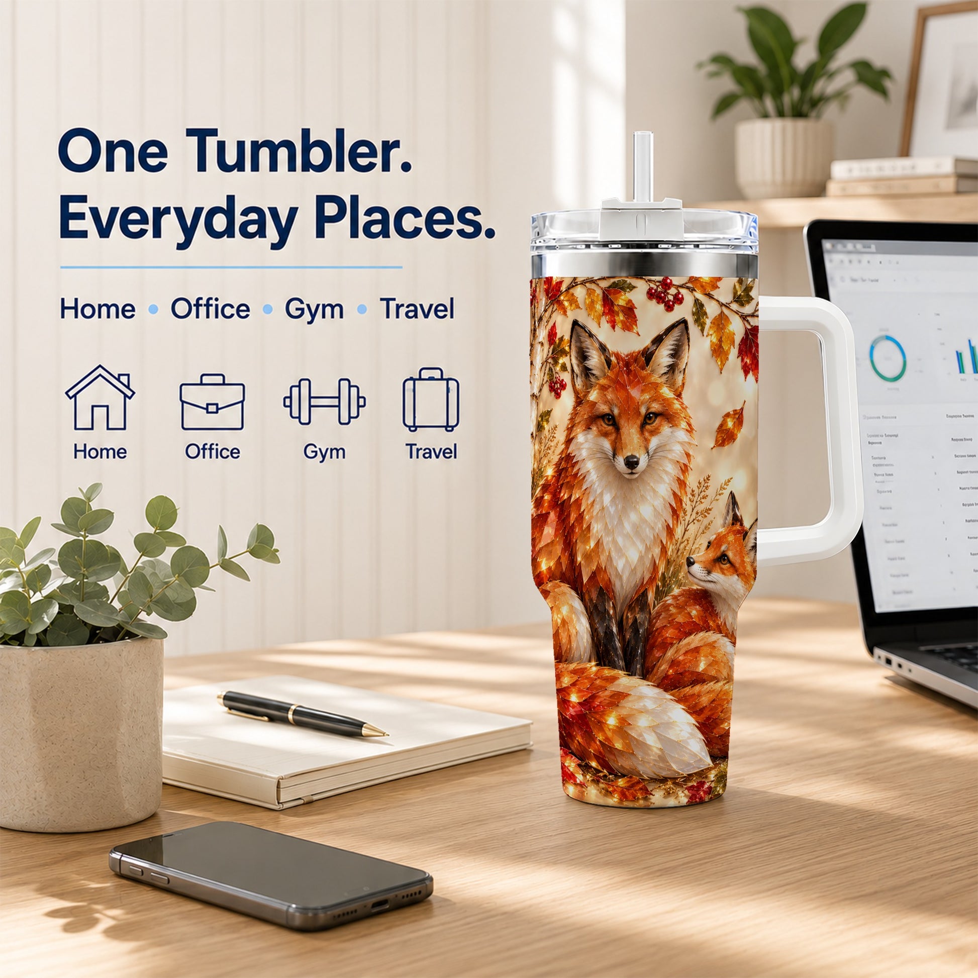 #pl[40oz|White] Faceted Fox 40oz Tumbler with Handle, Autumn Woodland Travel Cup