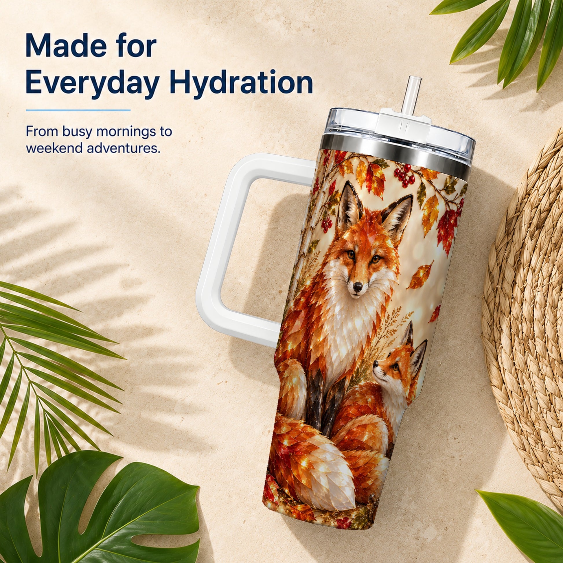 #pl[40oz|White] Faceted Fox 40oz Tumbler with Handle, Autumn Woodland Travel Cup