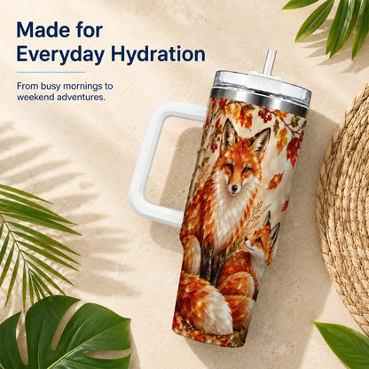 #pl[40oz|White] Faceted Fox 40oz Tumbler with Handle, Autumn Woodland Travel Cup