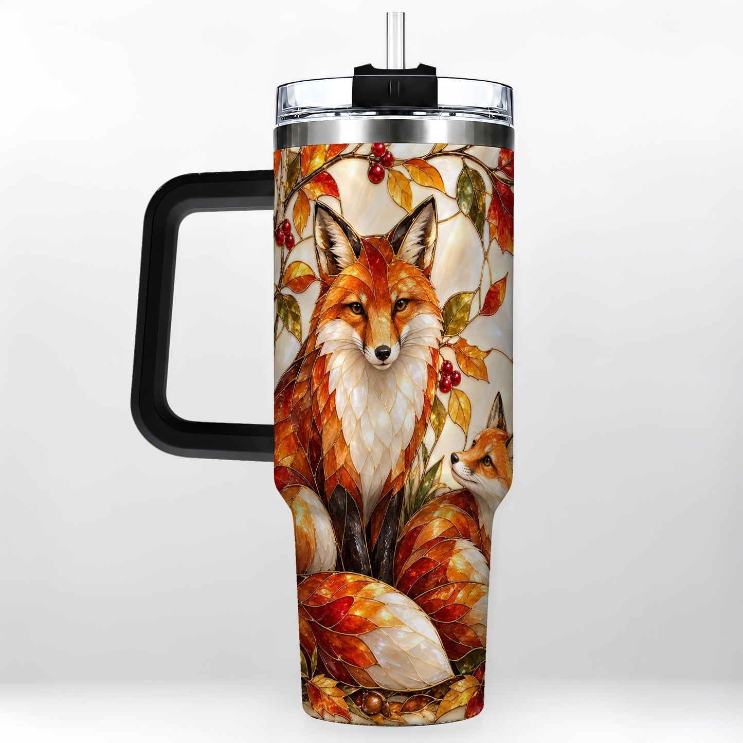 #pl[40oz|Black] Stained Glass Style Fox 40oz Tumbler with Handle, Autumn Travel Cup