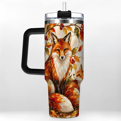 #pl[40oz|Black] Stained Glass Style Fox 40oz Tumbler with Handle, Autumn Travel Cup