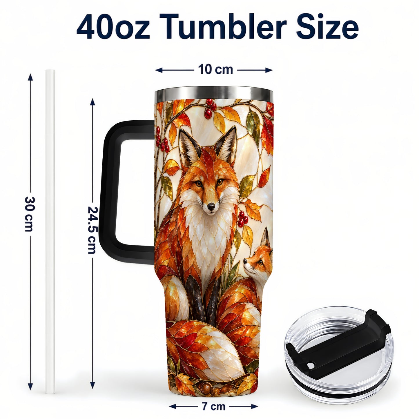 #pl[40oz|Black] Stained Glass Style Fox 40oz Tumbler with Handle, Autumn Travel Cup