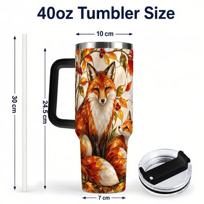 #pl[40oz|Black] Stained Glass Style Fox 40oz Tumbler with Handle, Autumn Travel Cup