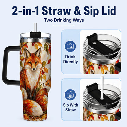 #pl[40oz|Black] Stained Glass Style Fox 40oz Tumbler with Handle, Autumn Travel Cup