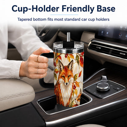 #pl[40oz|Black] Stained Glass Style Fox 40oz Tumbler with Handle, Autumn Travel Cup