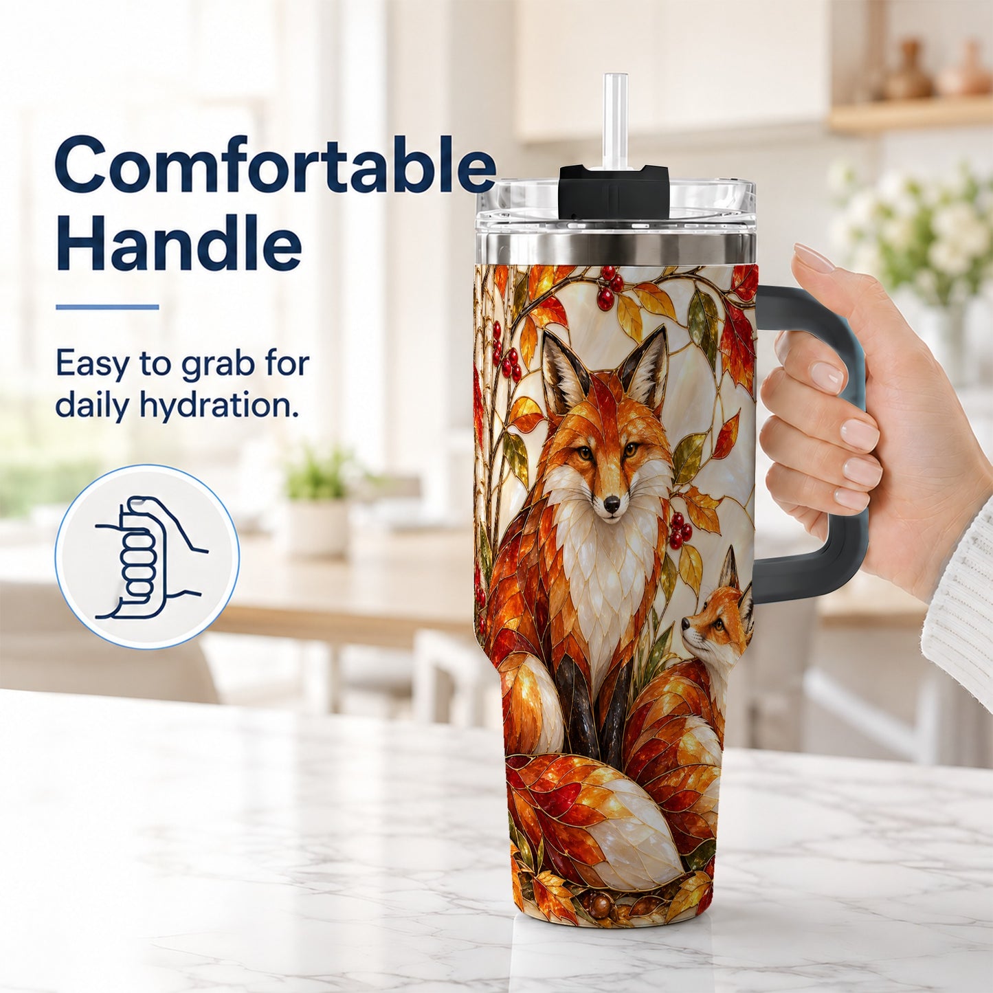 #pl[40oz|Black] Stained Glass Style Fox 40oz Tumbler with Handle, Autumn Travel Cup