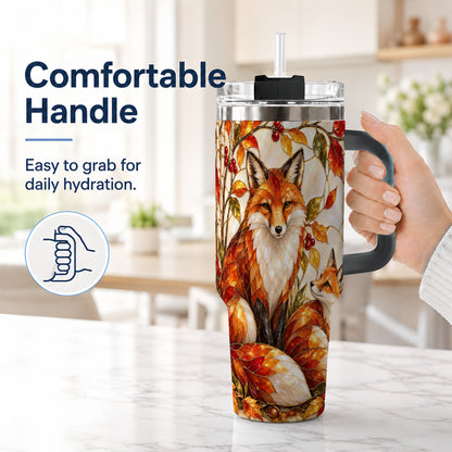 #pl[40oz|Black] Stained Glass Style Fox 40oz Tumbler with Handle, Autumn Travel Cup