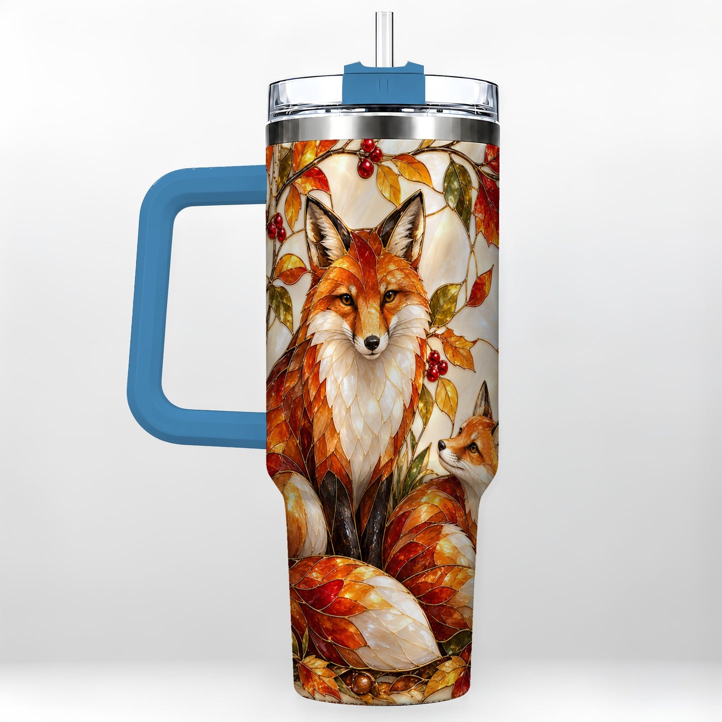 #pl[40oz|Blue] Stained Glass Style Fox 40oz Tumbler with Handle, Autumn Travel Cup