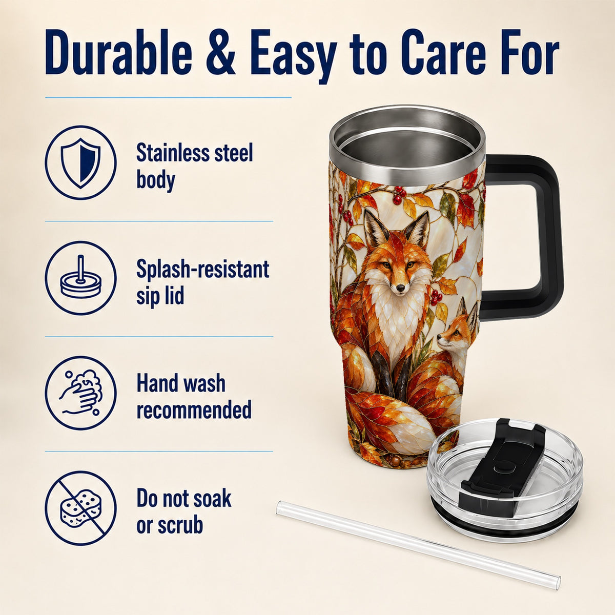 #pl[40oz|Black] Stained Glass Style Fox 40oz Tumbler with Handle, Autumn Travel Cup
