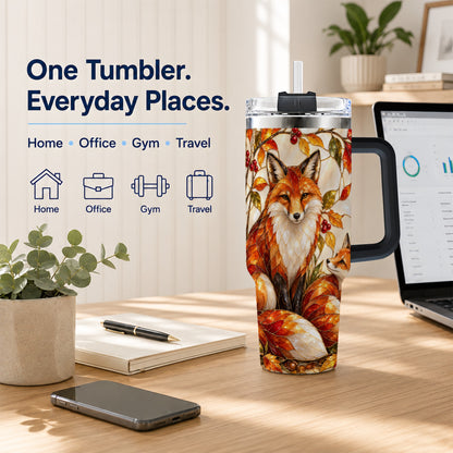 #pl[40oz|Black] Stained Glass Style Fox 40oz Tumbler with Handle, Autumn Travel Cup