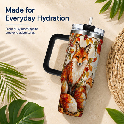 #pl[40oz|Black] Stained Glass Style Fox 40oz Tumbler with Handle, Autumn Travel Cup