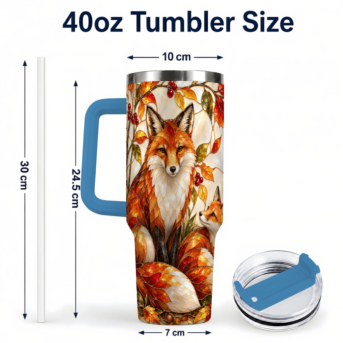 #pl[40oz|Blue] Stained Glass Style Fox 40oz Tumbler with Handle, Autumn Travel Cup