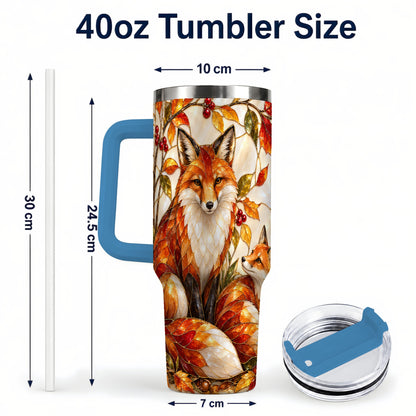 #pl[40oz|Blue] Stained Glass Style Fox 40oz Tumbler with Handle, Autumn Travel Cup
