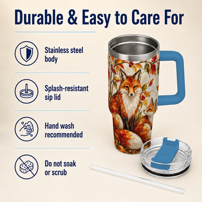 #pl[40oz|Blue] Stained Glass Style Fox 40oz Tumbler with Handle, Autumn Travel Cup