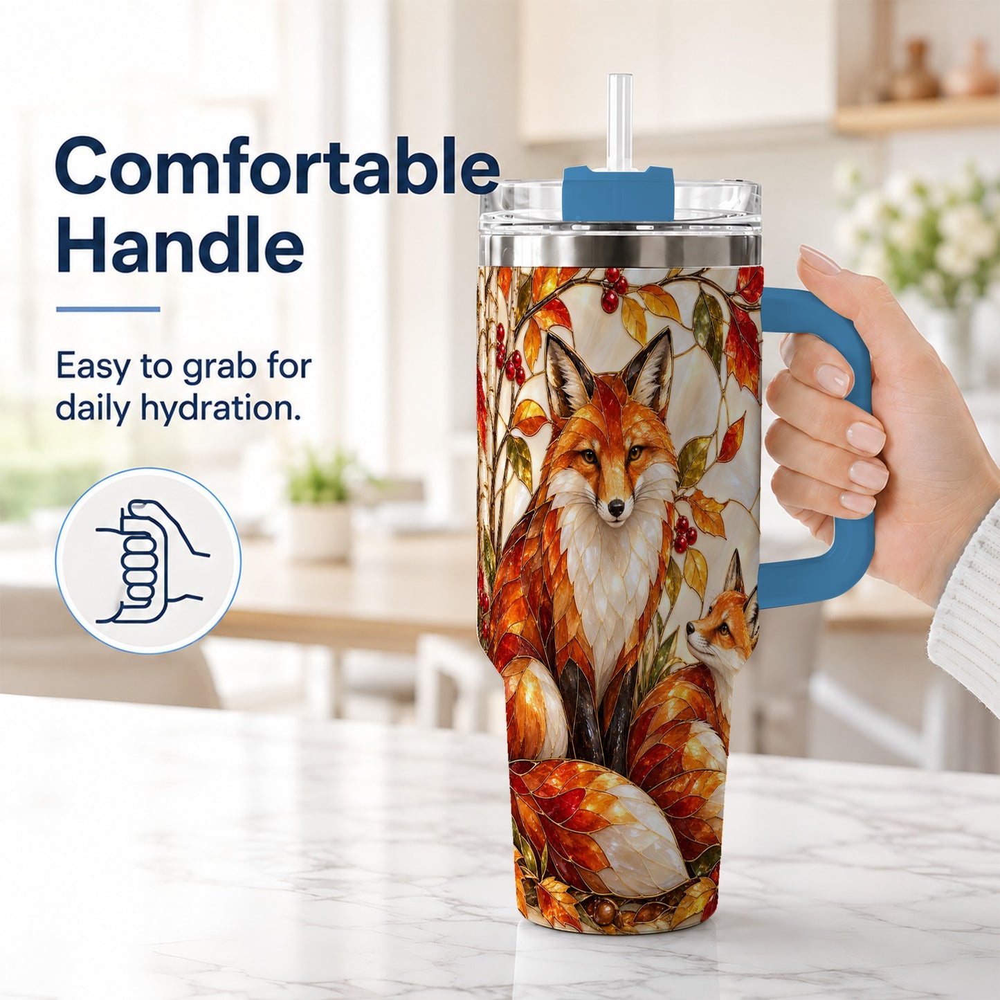 #pl[40oz|Blue] Stained Glass Style Fox 40oz Tumbler with Handle, Autumn Travel Cup