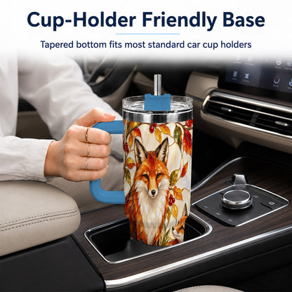 #pl[40oz|Blue] Stained Glass Style Fox 40oz Tumbler with Handle, Autumn Travel Cup