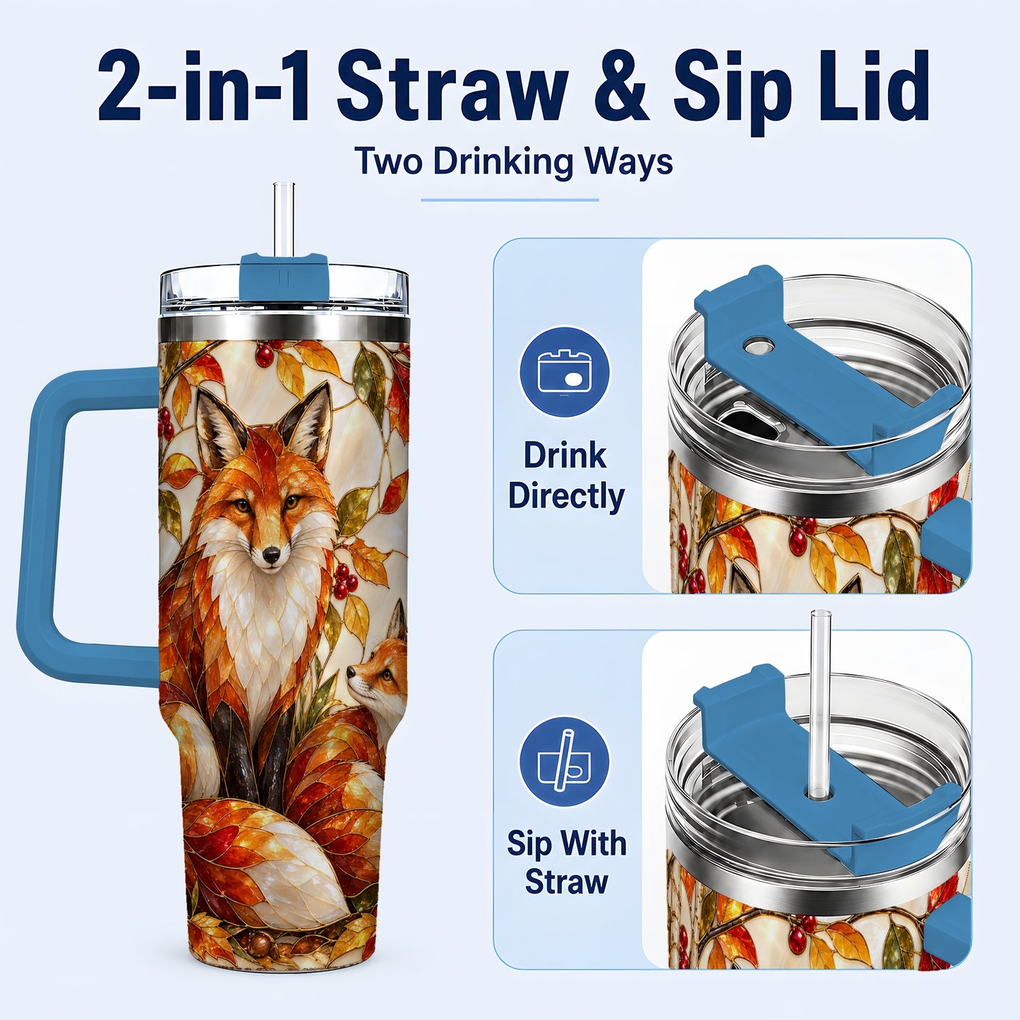 #pl[40oz|Blue] Stained Glass Style Fox 40oz Tumbler with Handle, Autumn Travel Cup