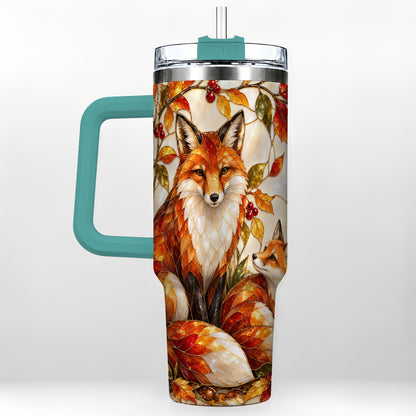 #pl[40oz|Green] Stained Glass Style Fox 40oz Tumbler with Handle, Autumn Travel Cup
