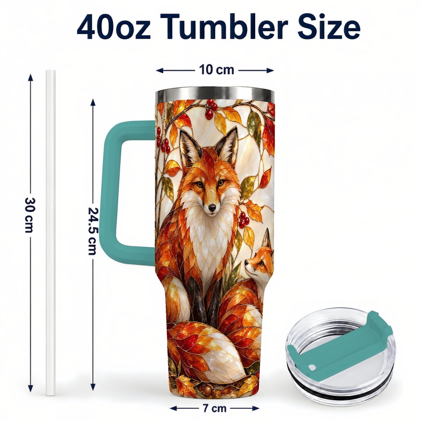 #pl[40oz|Green] Stained Glass Style Fox 40oz Tumbler with Handle, Autumn Travel Cup