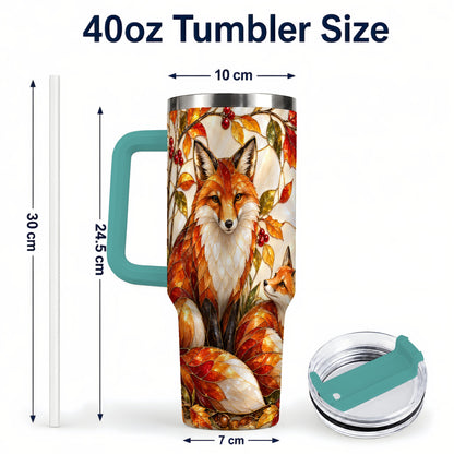 #pl[40oz|Green] Stained Glass Style Fox 40oz Tumbler with Handle, Autumn Travel Cup